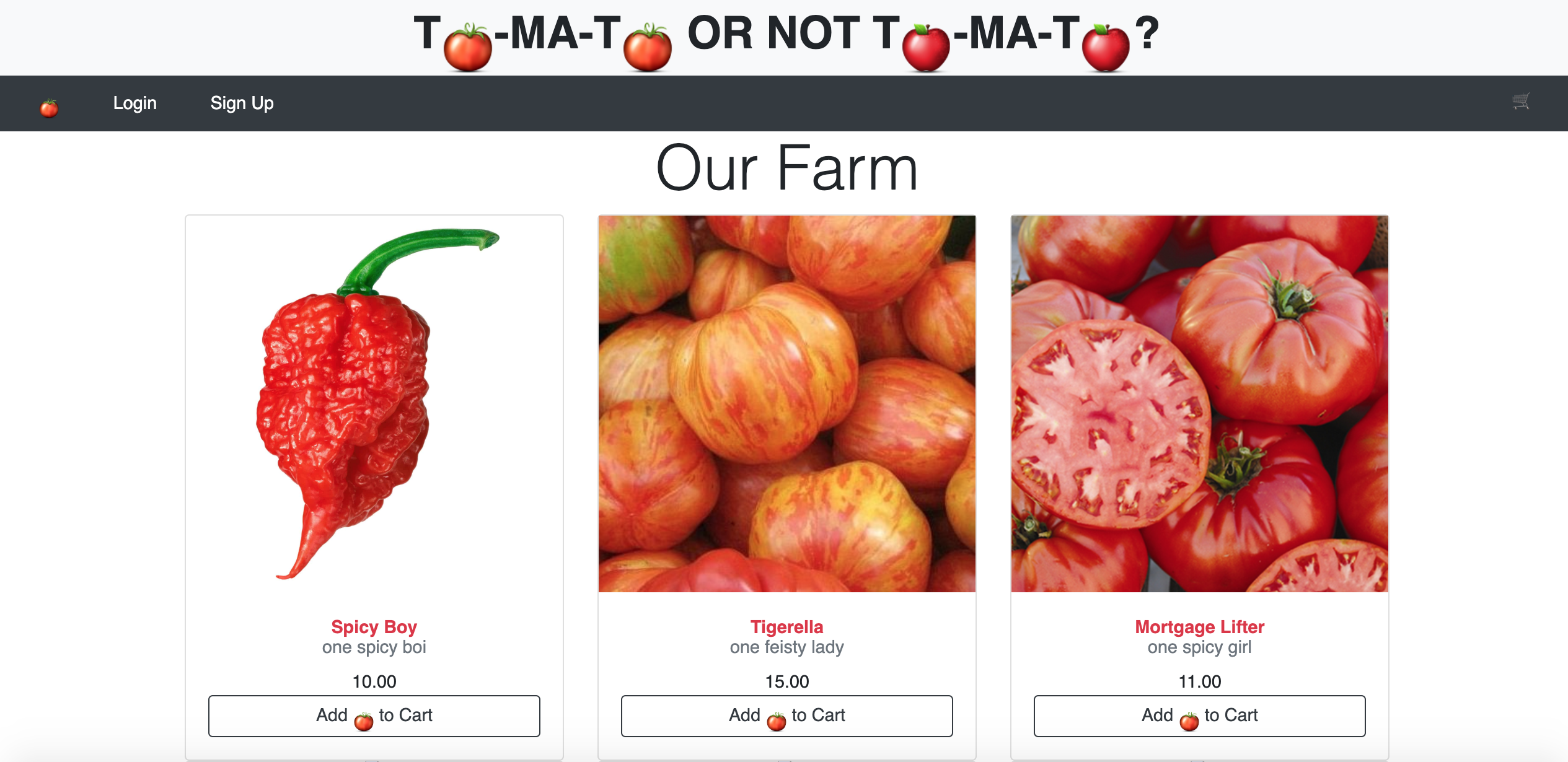 A screenshot of a web application. An e-commerce website selling tomatoes.